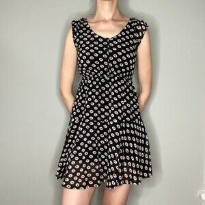 The Style London  Floral Polka Dot Dress S SM Small Buttons Flowy Black White